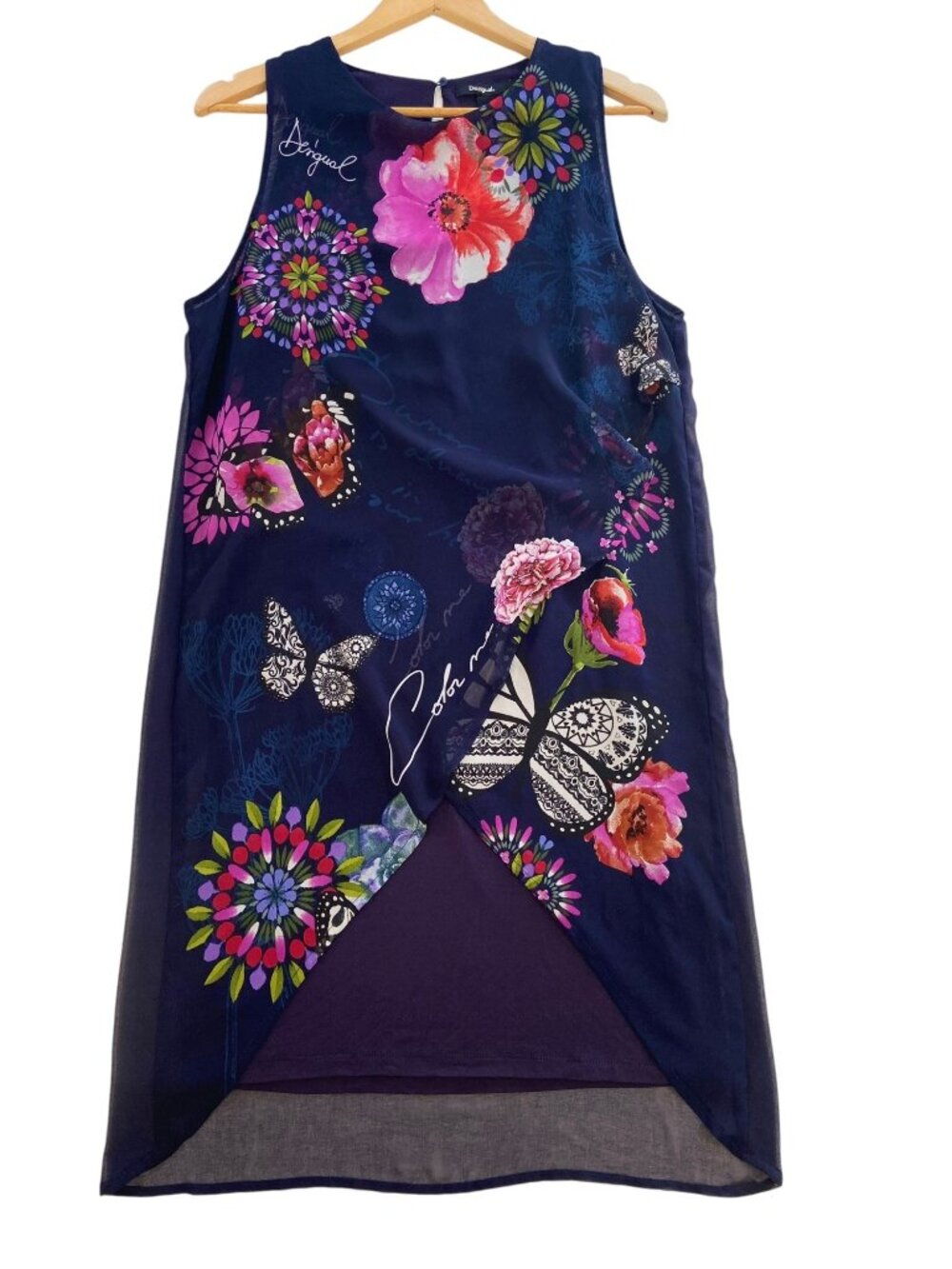 Desigual Womens Floral Butterfly Layered Tunic Dress Navy Size 40 Made in Spain